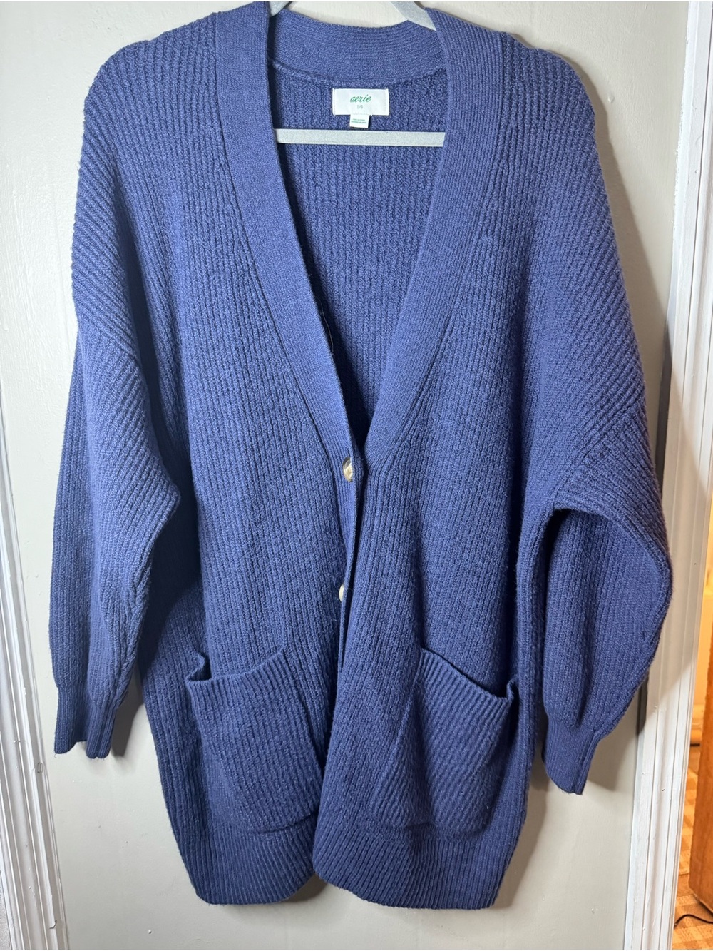 Aerie NWOT Women's Blue Chunky Ribbed Button-Front Cardigan Sweater Size Large